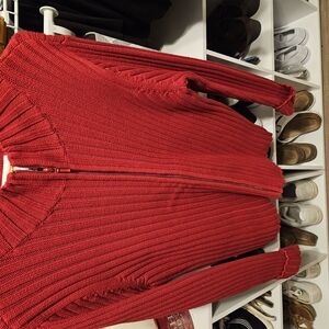 Red Ribbed Zip-Up Sweater